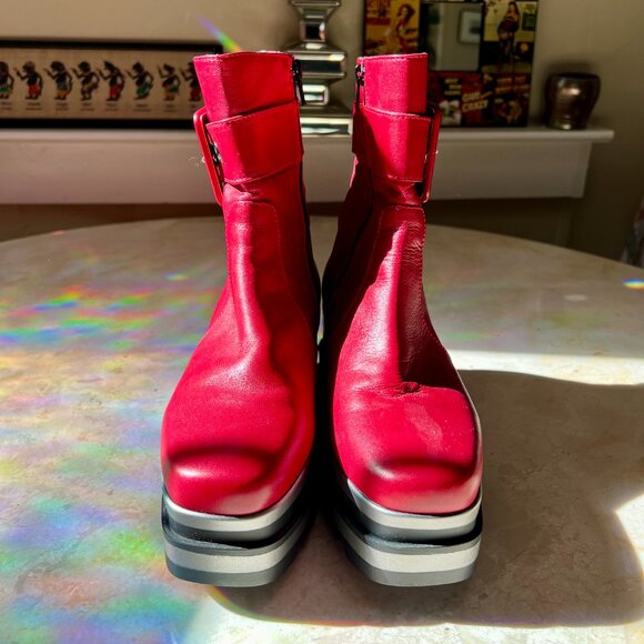 Red Leather Platform Moto Bootie Buckle Marco Moreo Milano Italy Sz US 6.5 IT 37 - Picture 4 of 13
